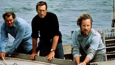 Robert Shaw, Roy Scheider, Richard Dreyfuss on the set of Jaws in 1975. Pic: Universal/Kobal/Shutterstock